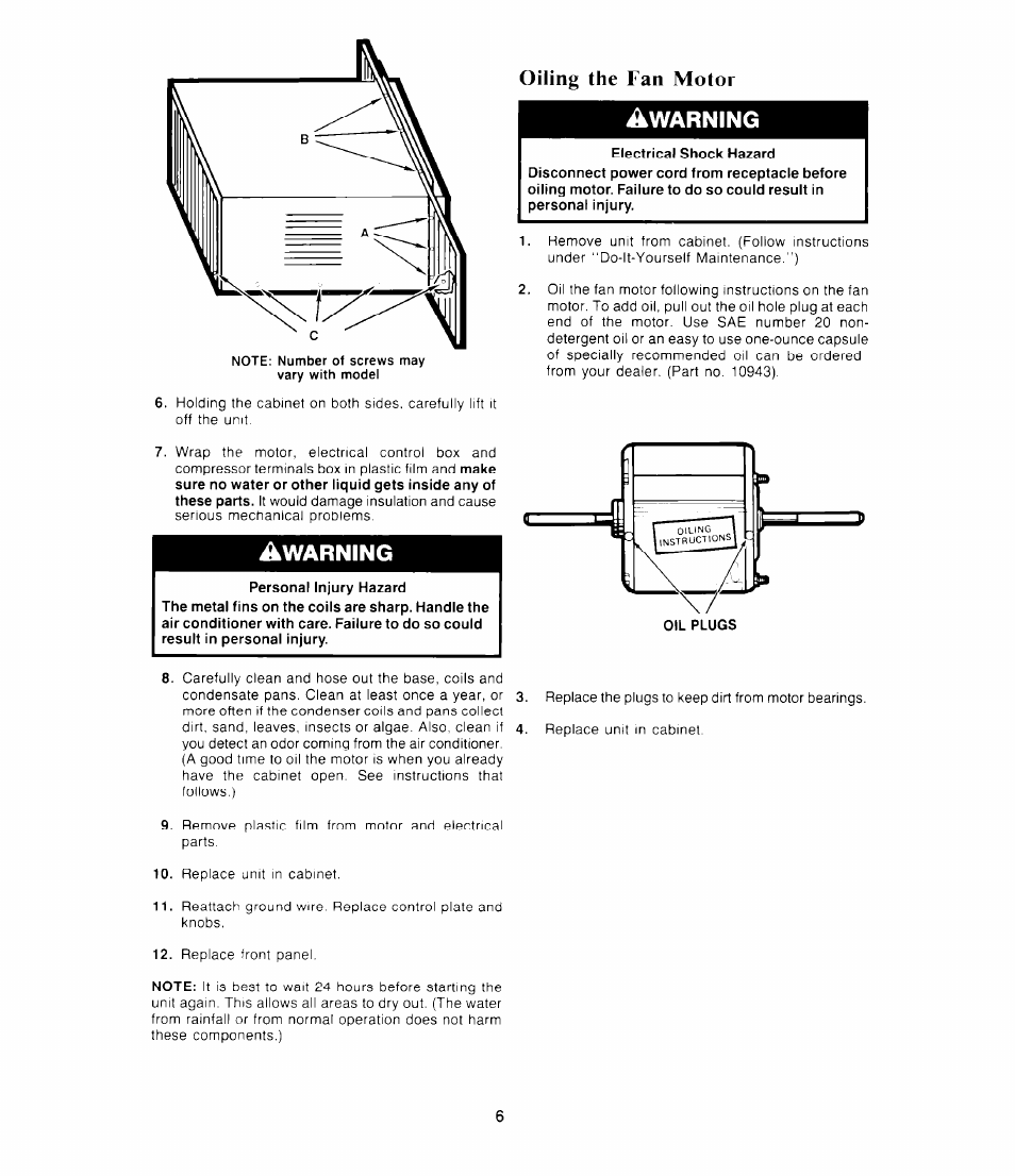 Oiling the fan motor, Warning | Whirlpool AC1052XS User Manual | Page 6 / 8