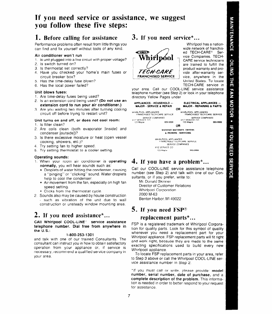 Whirlpool, Before calling for assistance, If you need service | If you need assistance, If you have a problem, If you need fsp replacement parts | Whirlpool AC1052XS User Manual | Page 7 / 8