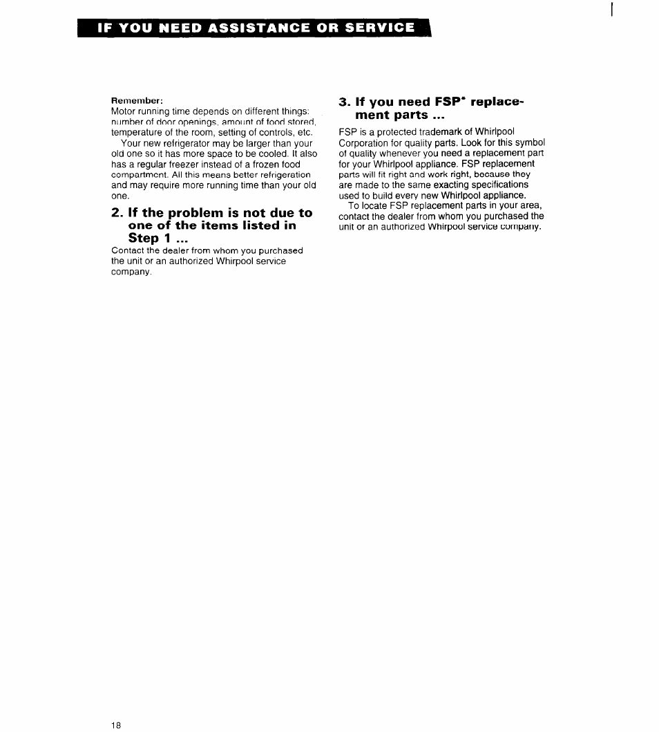 If you need fsp* replacement parts | Whirlpool 4ET18ZK User Manual | Page 18 / 19