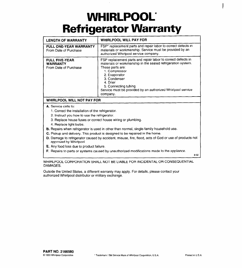 Whirlpool refrigerator warranty, Part no. 2166580 | Whirlpool 4ET18ZK User Manual | Page 19 / 19