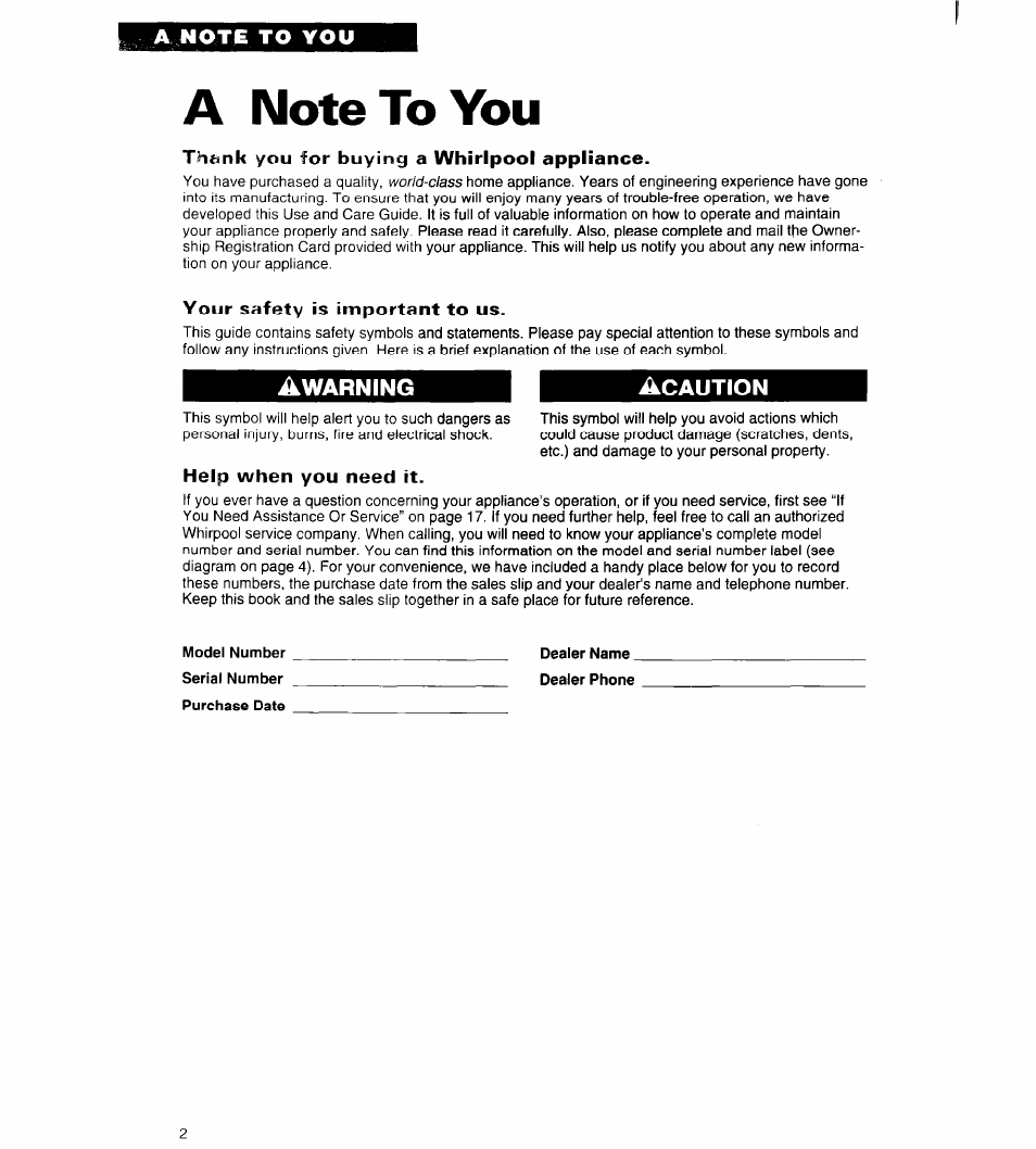 A note to you, Awarning, Acaution | Whirlpool 4ET18ZK User Manual | Page 2 / 19