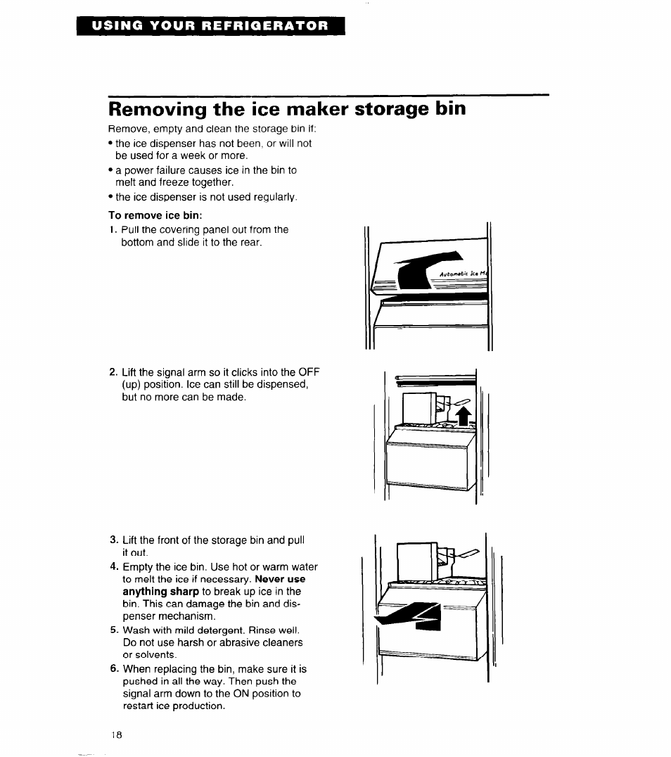 Removing the ice maker storage bin, To remove ice bin | Whirlpool 4ED27DQ User Manual | Page 18 / 30