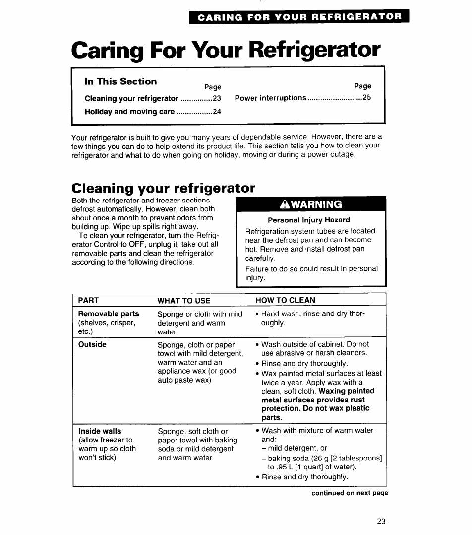 Caring for your refrigerator, Cleaning your refrigerator, Awarning | Whirlpool 4ED27DQ User Manual | Page 23 / 30