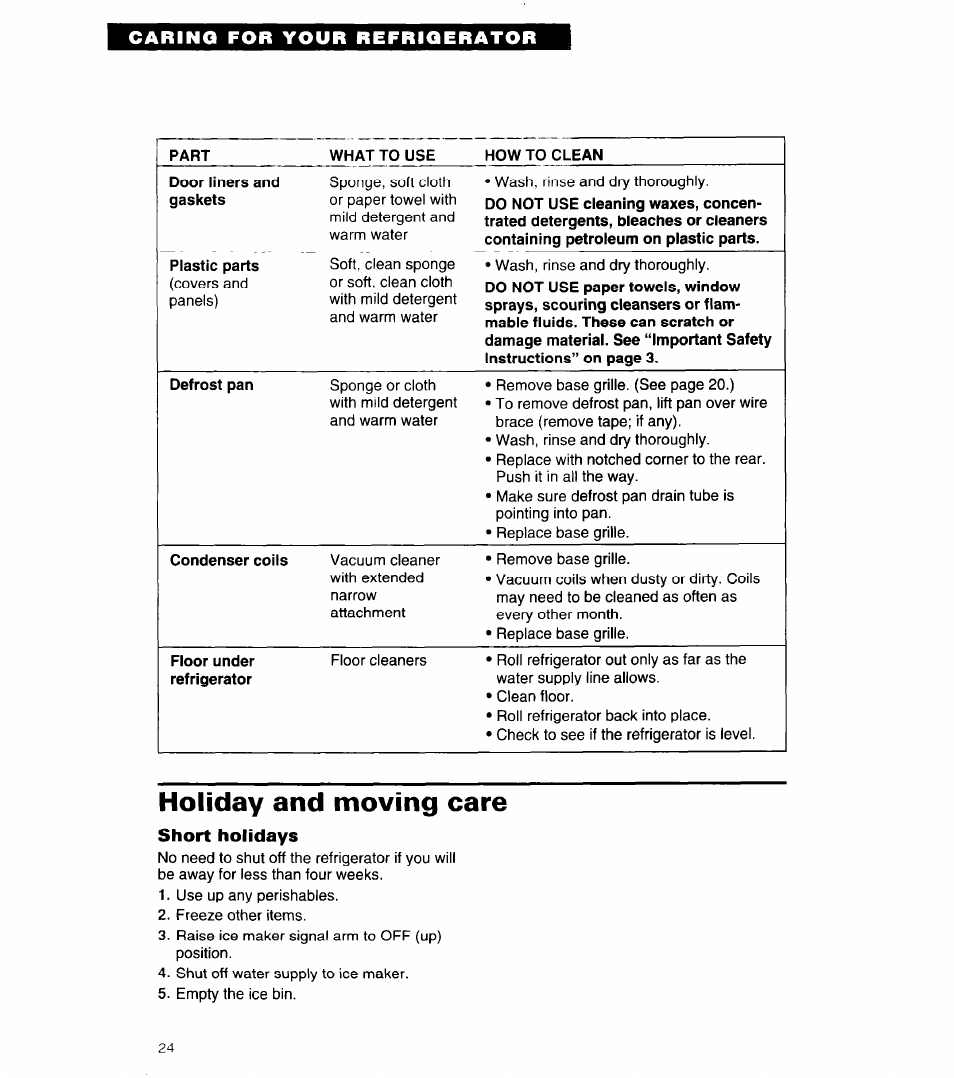 Holiday and moving care, Short holidays | Whirlpool 4ED27DQ User Manual | Page 24 / 30