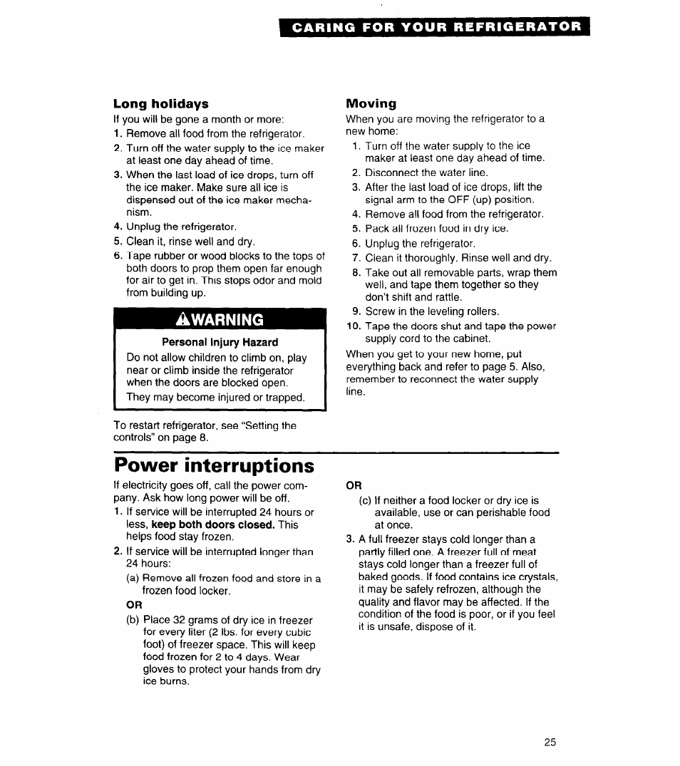 Long holidays, Moving, Power interruptions | Warning | Whirlpool 4ED27DQ User Manual | Page 25 / 30