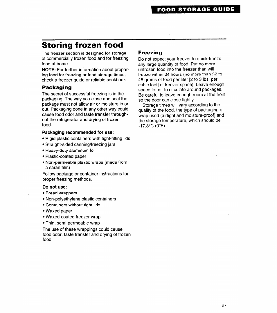 Storing frozen food, Packaging, Do not use | Freezing | Whirlpool 4ED27DQ User Manual | Page 27 / 30