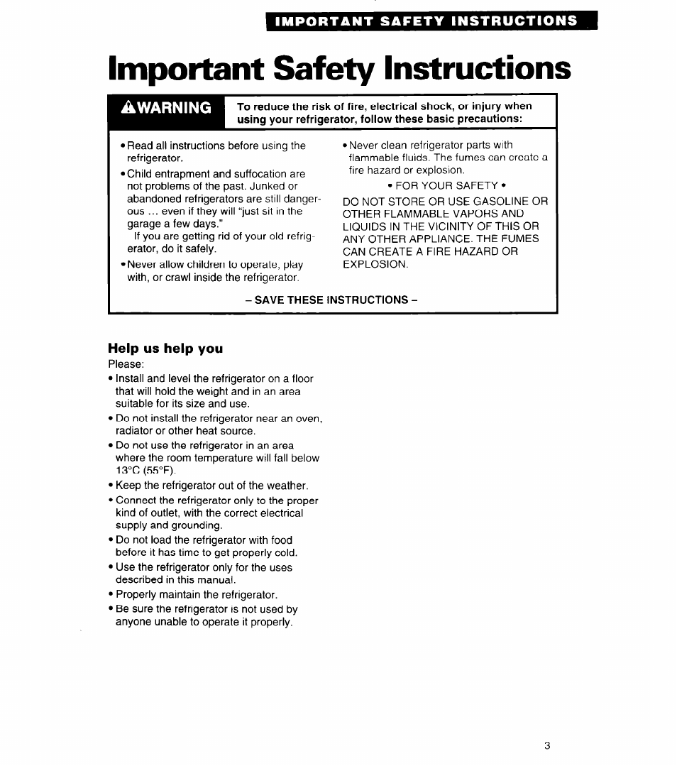 Important safety instructions, Save these instructions, Help us help you | Awarning | Whirlpool 4ED27DQ User Manual | Page 3 / 30