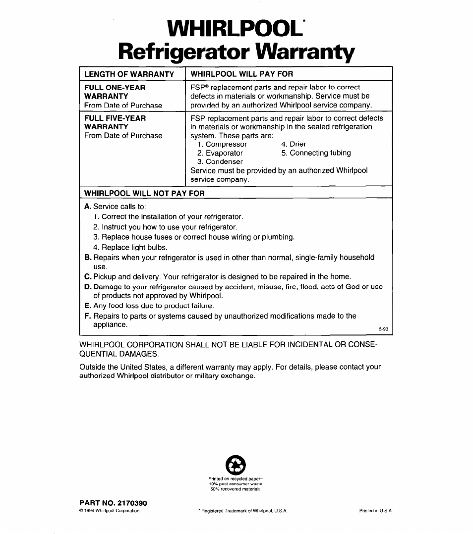 Whirlpool refrigerator warranty, Length of warranty, Whirlpool will pay for | Full one-year warranty, Full five-year warranty, Whirlpool will not pay for, Part no. 2170390 | Whirlpool 4ED27DQ User Manual | Page 30 / 30