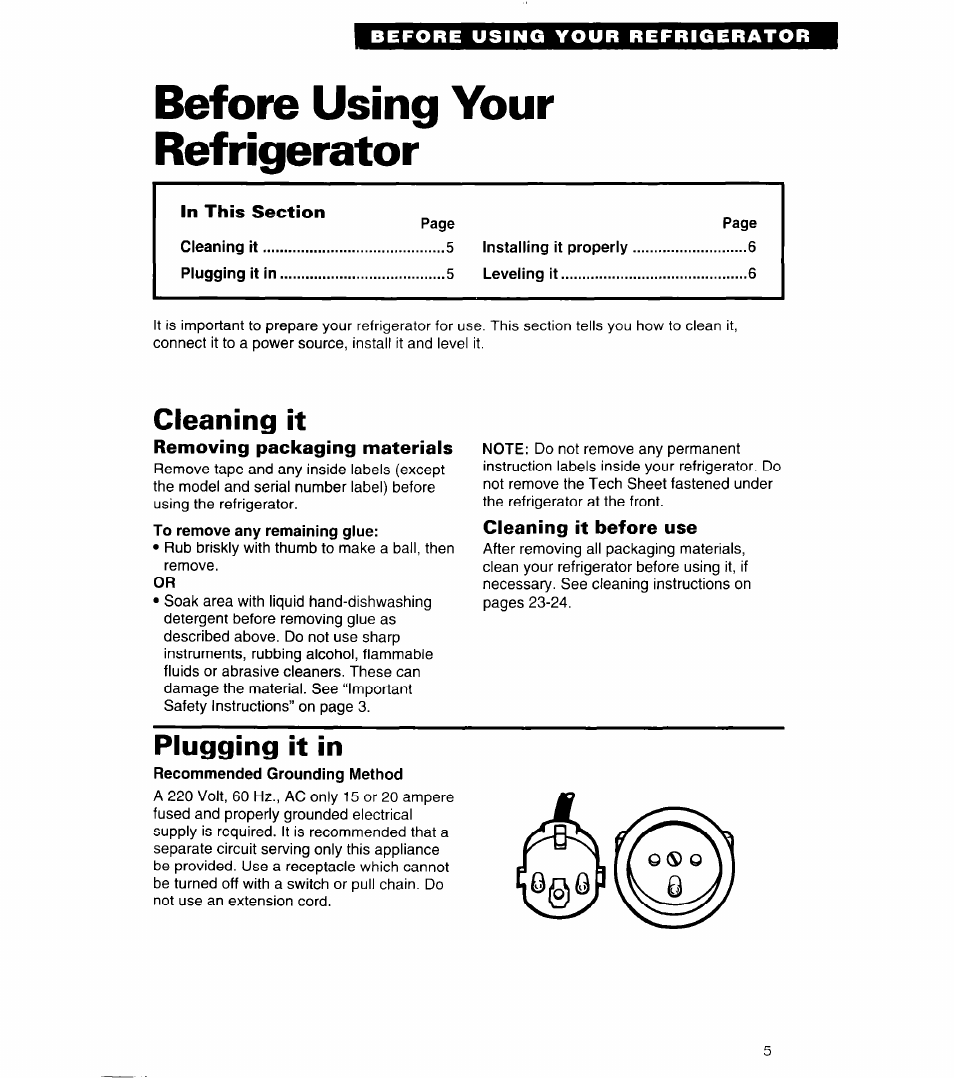 Before using your refrigerator, Cleaning it, Removing packaging materials | Cleaning it before use, Plugging it in | Whirlpool 4ED27DQ User Manual | Page 5 / 30