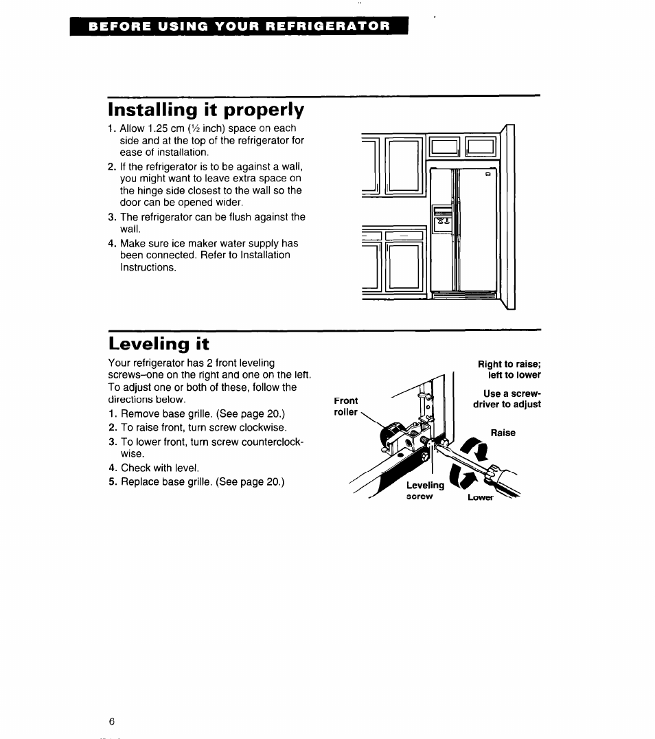 Installing it properly, Leveling it | Whirlpool 4ED27DQ User Manual | Page 6 / 30