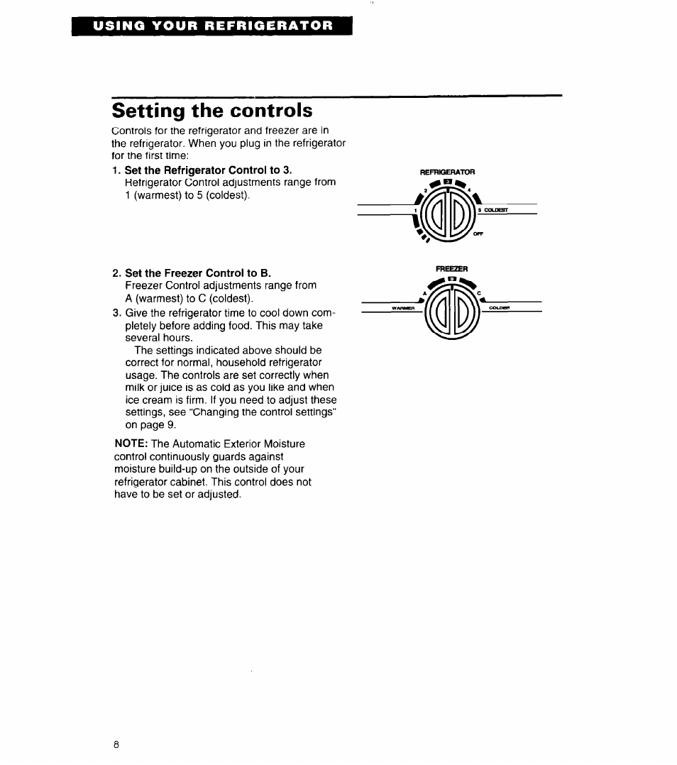 Setting the controls, Set the refrigerator control to 3, Set the freezer control to b | Whirlpool 4ED27DQ User Manual | Page 8 / 30