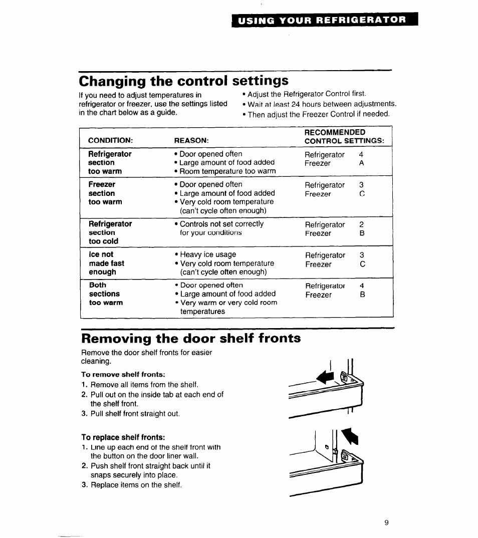 Changing the control settings, Removing the door shelf fronts, To remove shelf fronts | To replace shelf fronts | Whirlpool 4ED27DQ User Manual | Page 9 / 30