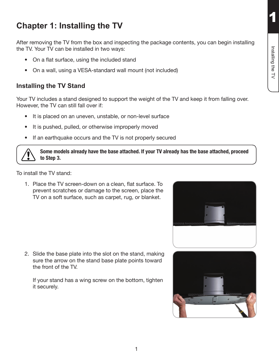 Chapter 1: installing the tv, Installing the tv stand | Whirlpool XVT3D424SV User Manual | Page 13 / 74