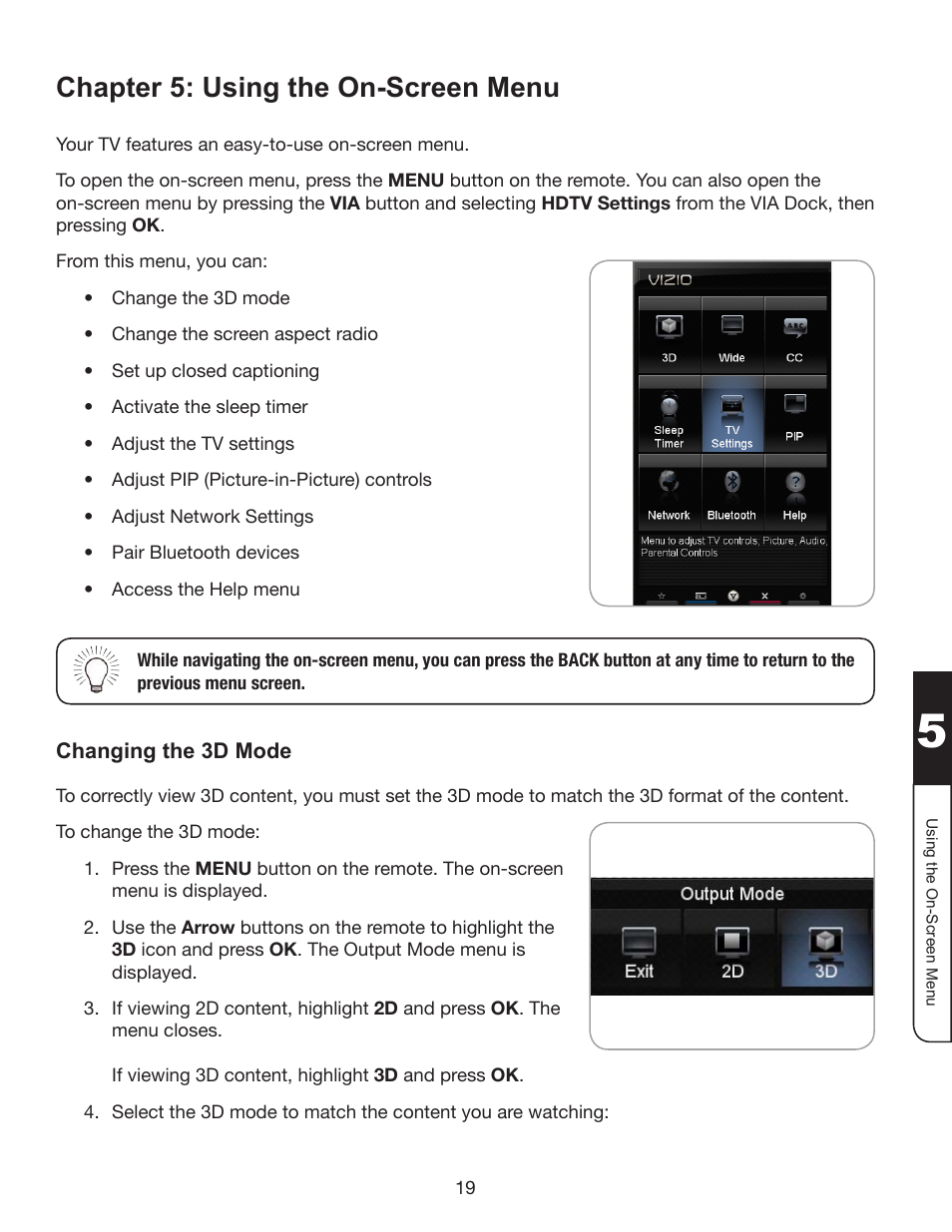 Chapter 5: using the on-screen menu, Changing the 3d mode | Whirlpool XVT3D424SV User Manual | Page 31 / 74