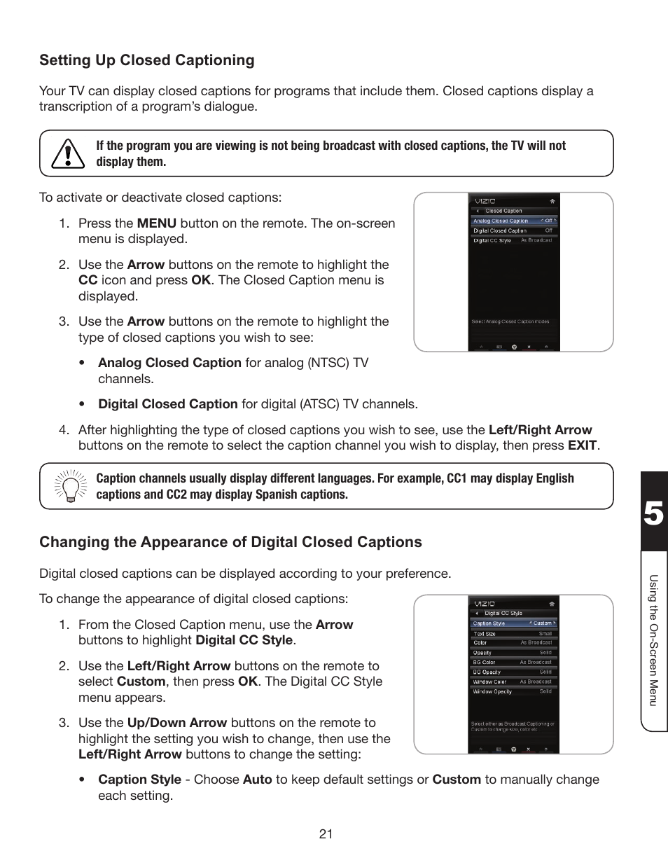 Setting up closed captioning, Changing the appearance of digital closed captions | Whirlpool XVT3D424SV User Manual | Page 33 / 74