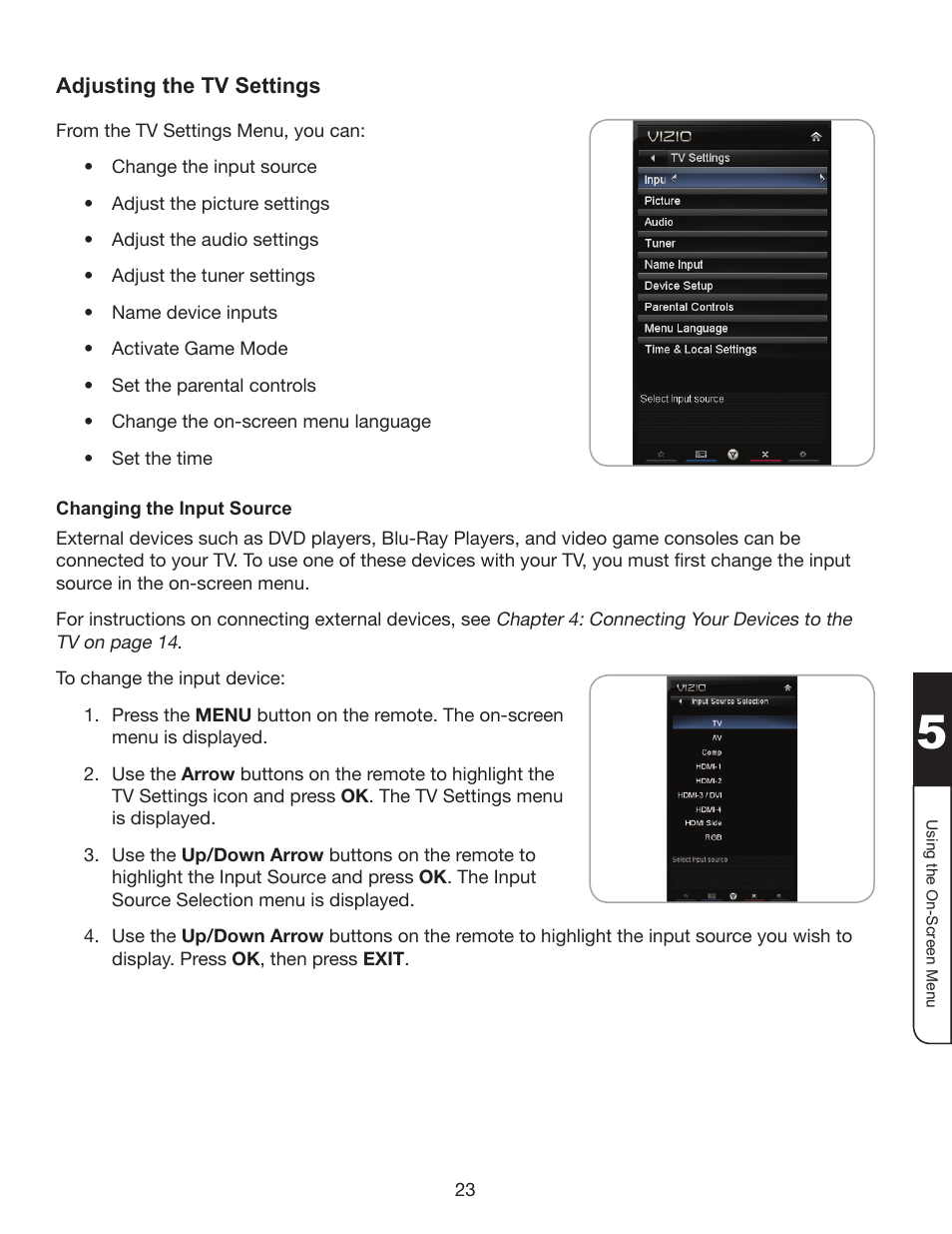 Adjusting the tv settings, Changing the input source | Whirlpool XVT3D424SV User Manual | Page 35 / 74