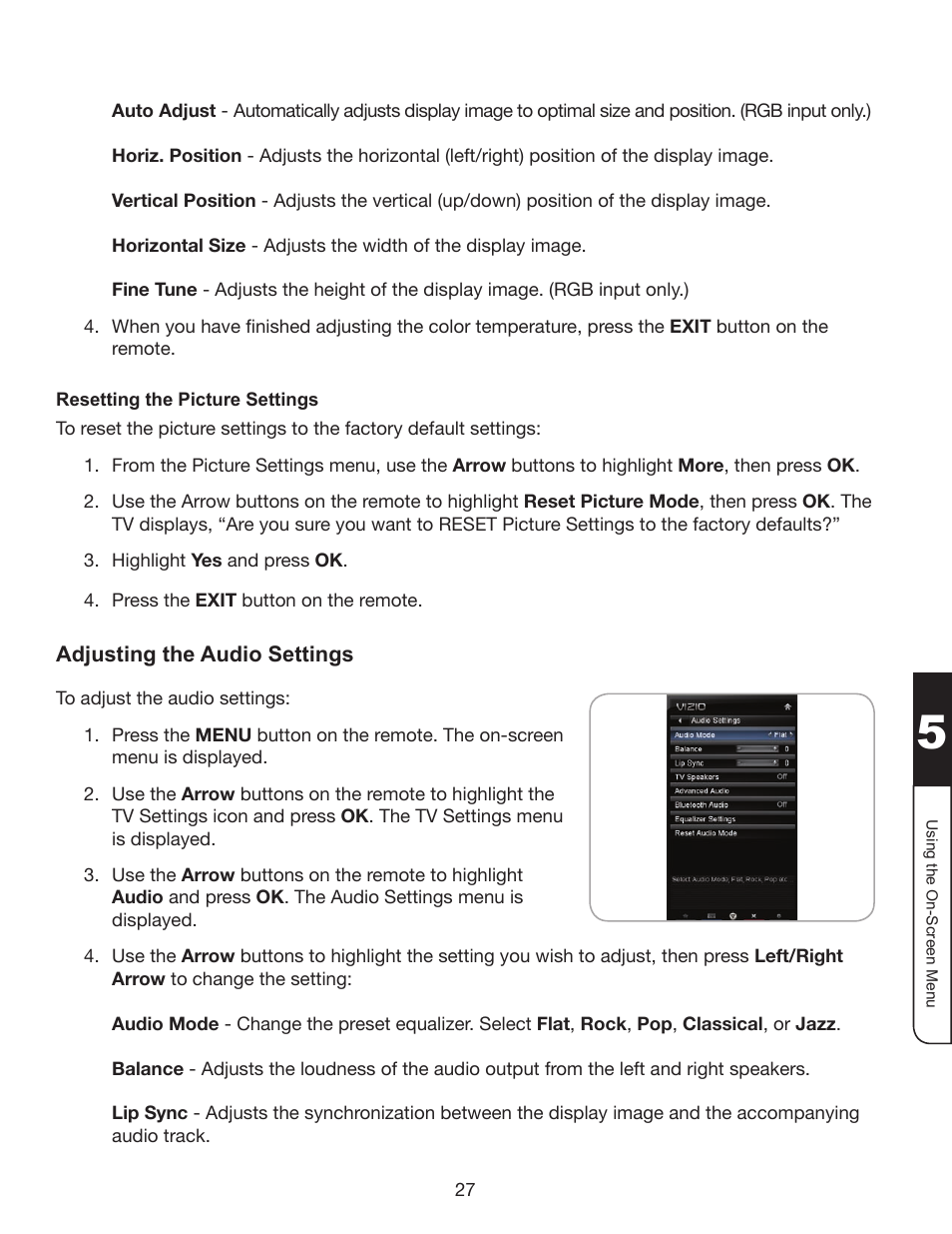 Resetting the picture settings, Adjusting the audio settings | Whirlpool XVT3D424SV User Manual | Page 39 / 74