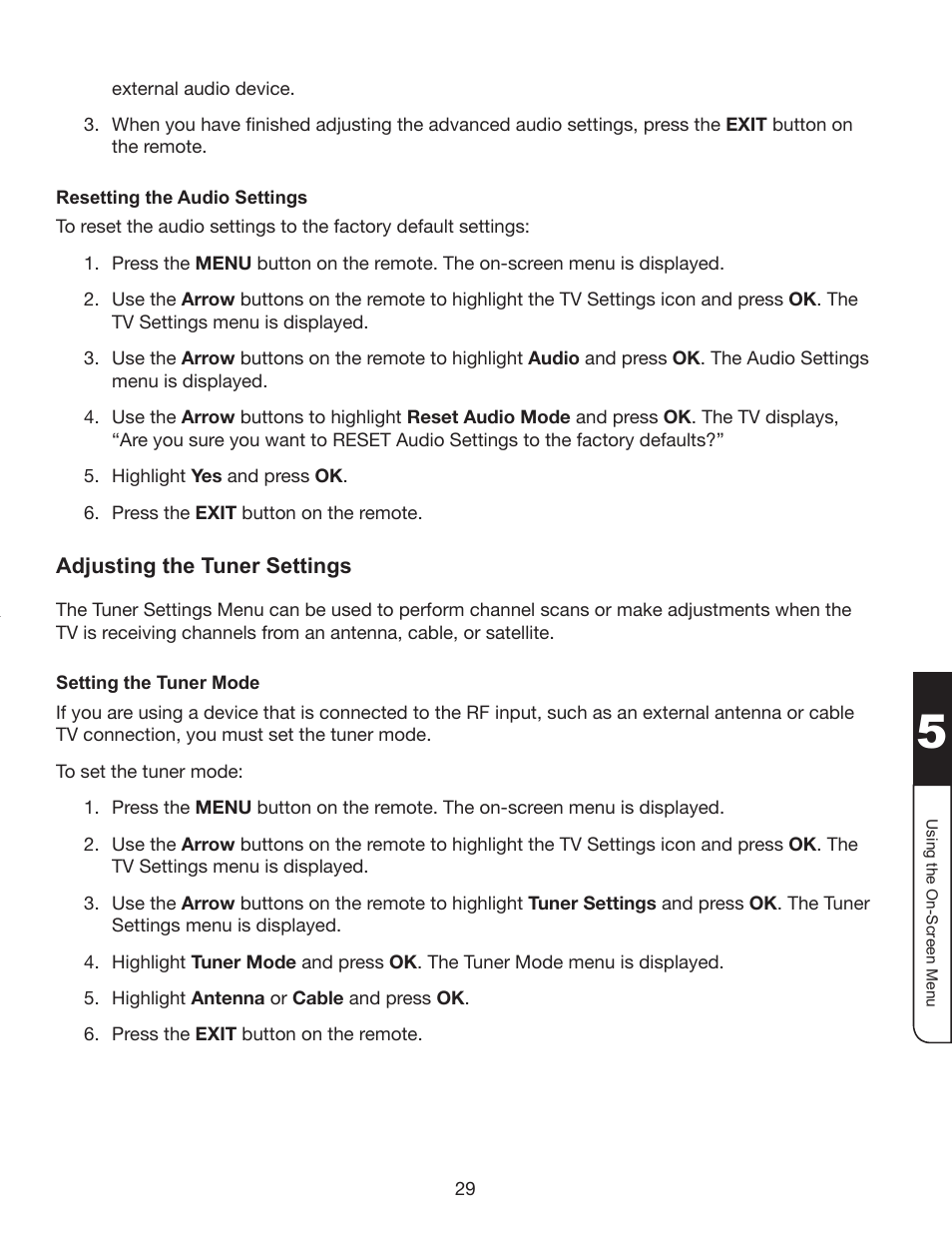 Resetting the audio settings, Adjusting the tuner settings, Setting the tuner mode | Whirlpool XVT3D424SV User Manual | Page 41 / 74