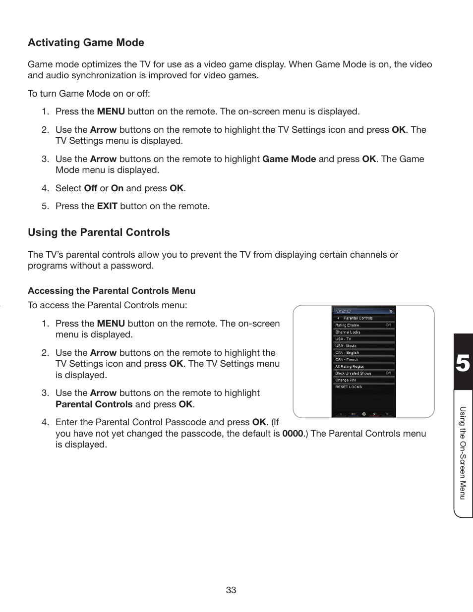 Activating game mode, Using the parental controls, Accessing the parental controls menu | Activating game mode using the parental controls | Whirlpool XVT3D424SV User Manual | Page 45 / 74