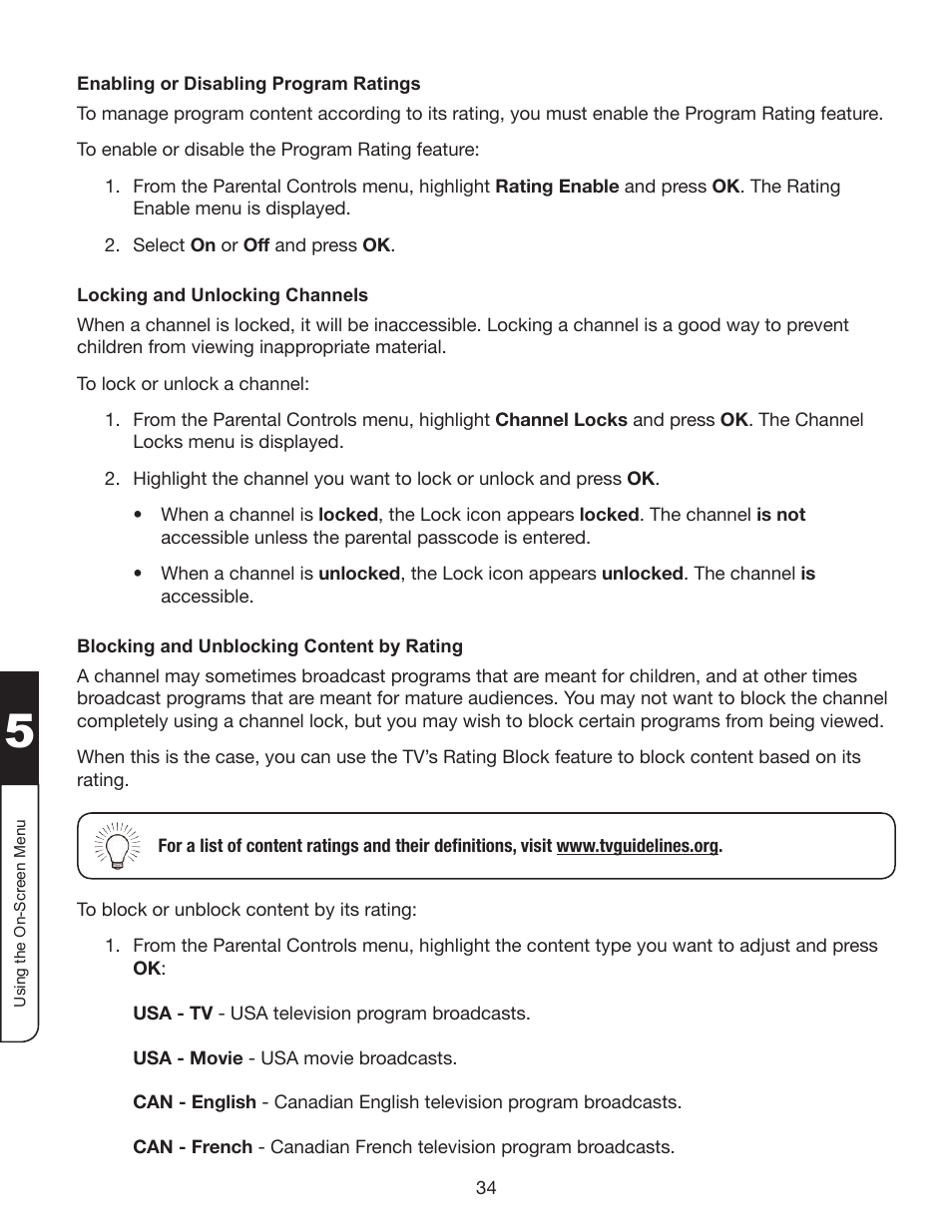 Enabling or disabling program ratings, Locking and unlocking channels, Blocking and unblocking content by rating | Whirlpool XVT3D424SV User Manual | Page 46 / 74