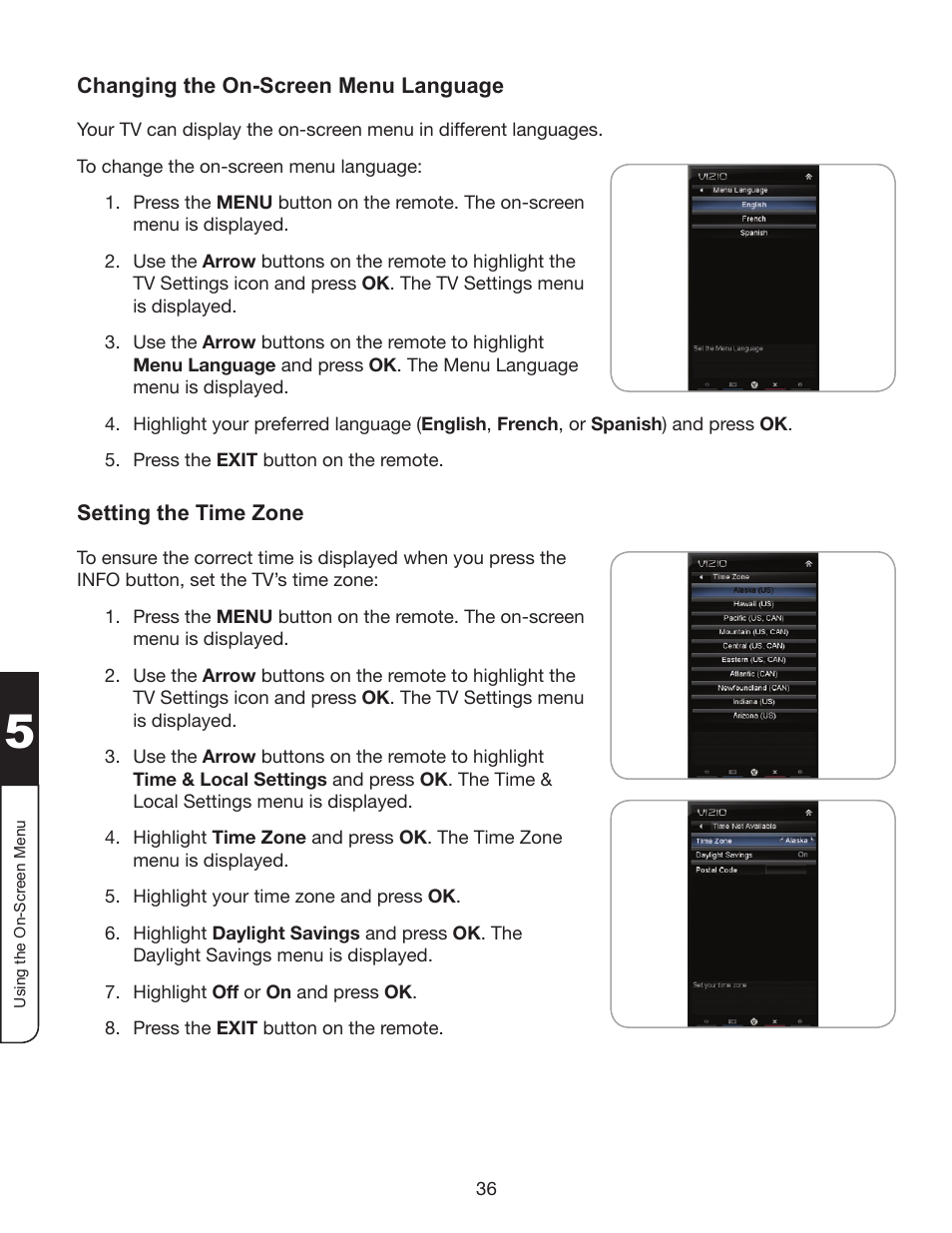 Changing the on-screen menu language, Setting the time zone | Whirlpool XVT3D424SV User Manual | Page 48 / 74