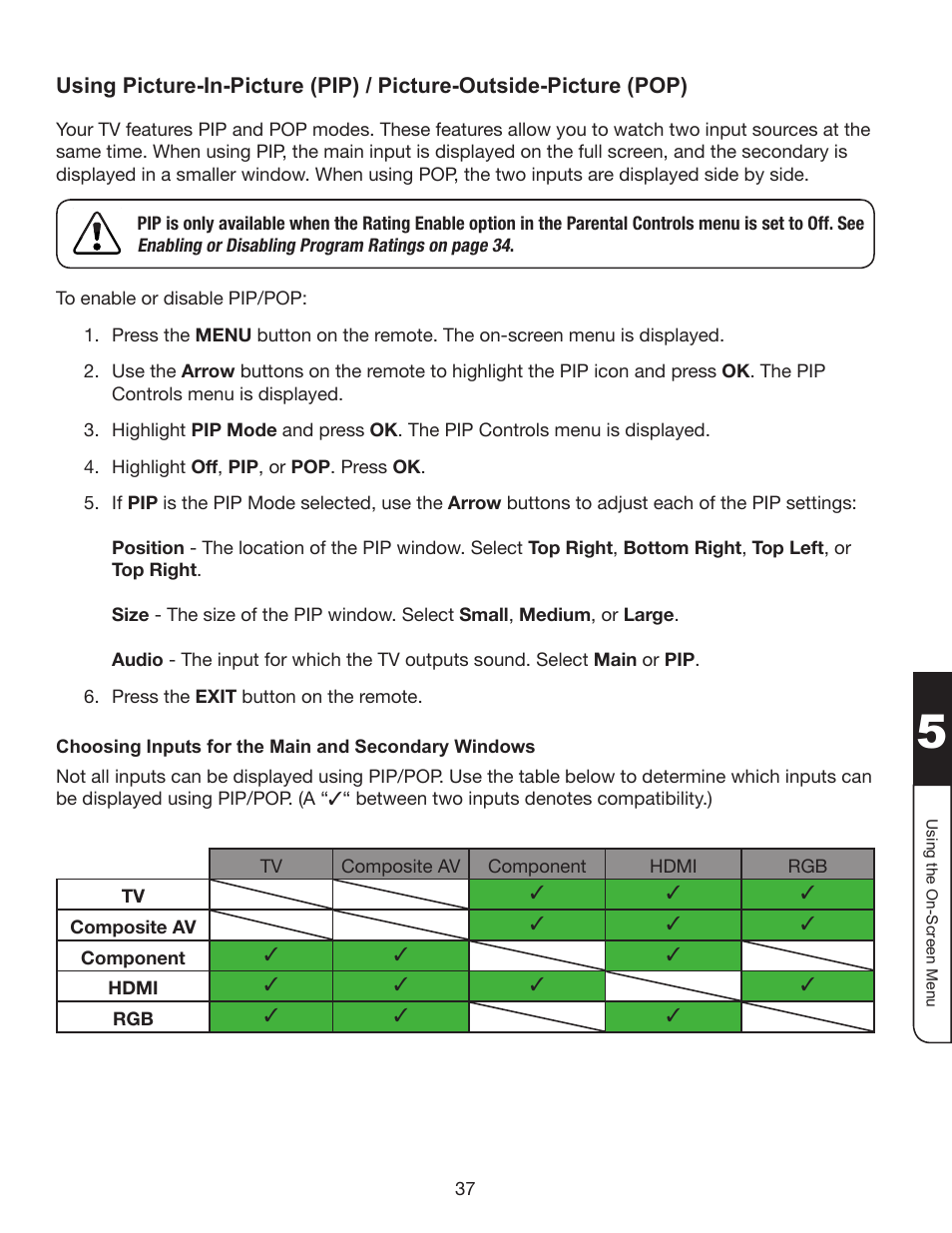 Choosing inputs for the main and secondary windows | Whirlpool XVT3D424SV User Manual | Page 49 / 74