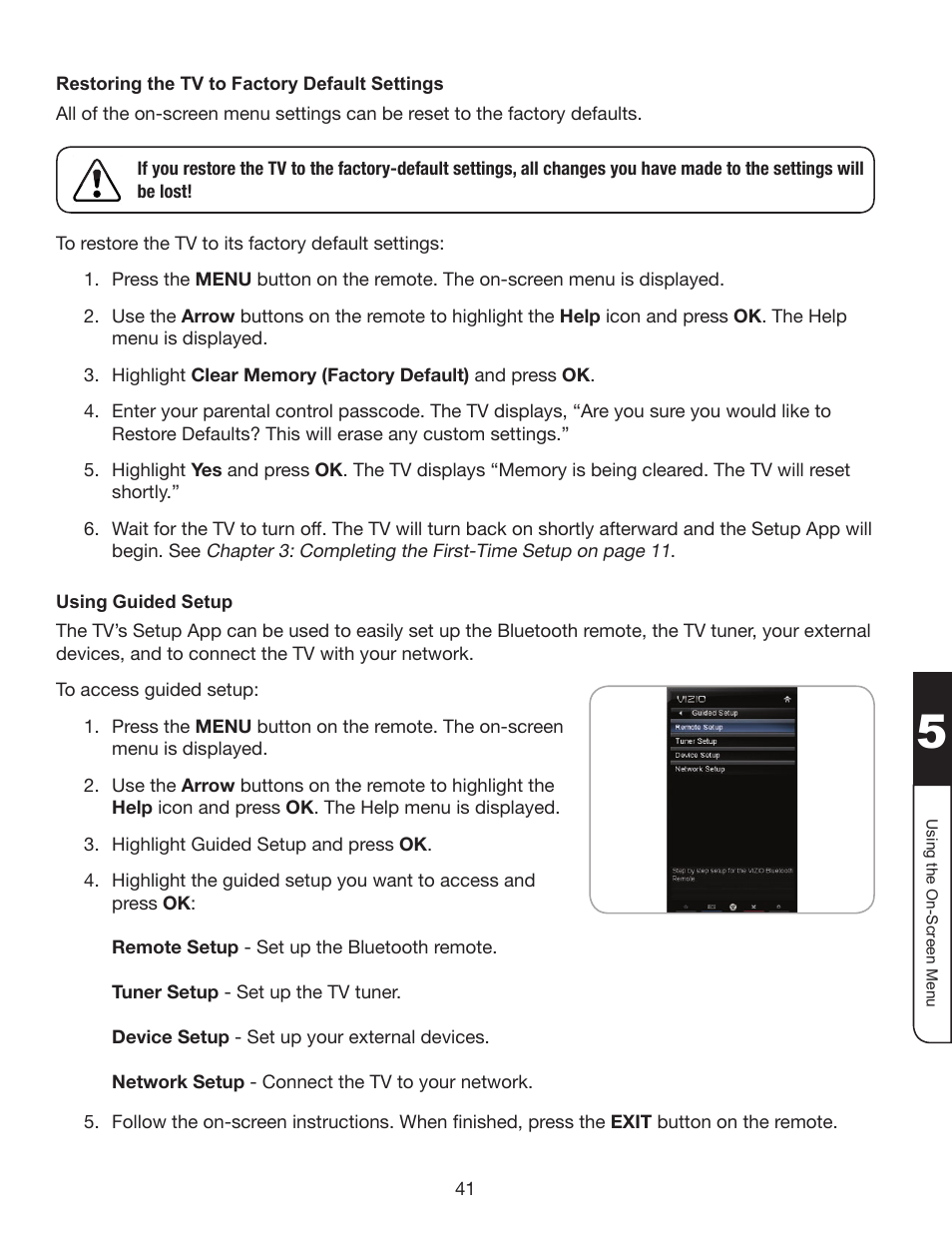 Restoring the tv to factory default settings, Using guided setup | Whirlpool XVT3D424SV User Manual | Page 53 / 74