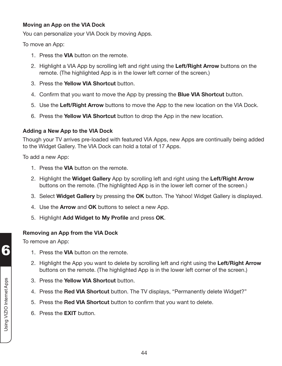 Moving an app on the via dock, Adding a new app to the via dock, Removing an app from the via dock | Whirlpool XVT3D424SV User Manual | Page 56 / 74