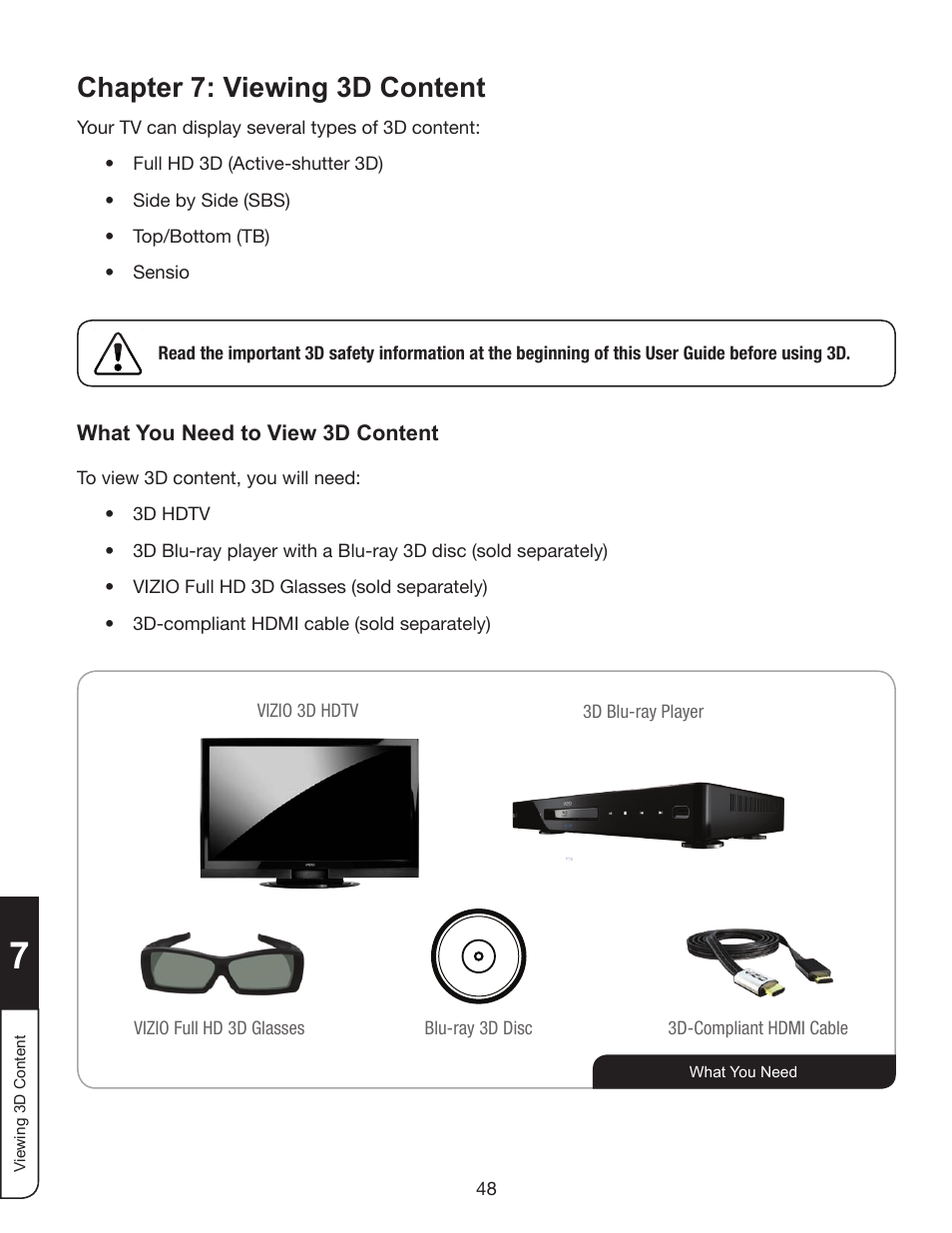 Chapter 7: viewing 3d content, What you need to view 3d content | Whirlpool XVT3D424SV User Manual | Page 60 / 74