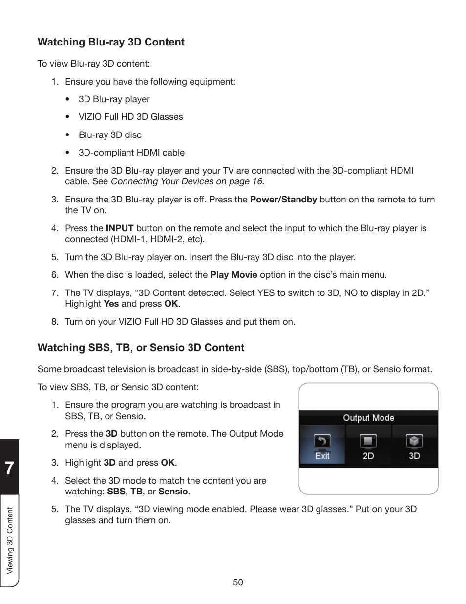 Watching full hd 3d content, Watching sbs, tb, or sensio 3d content | Whirlpool XVT3D424SV User Manual | Page 62 / 74