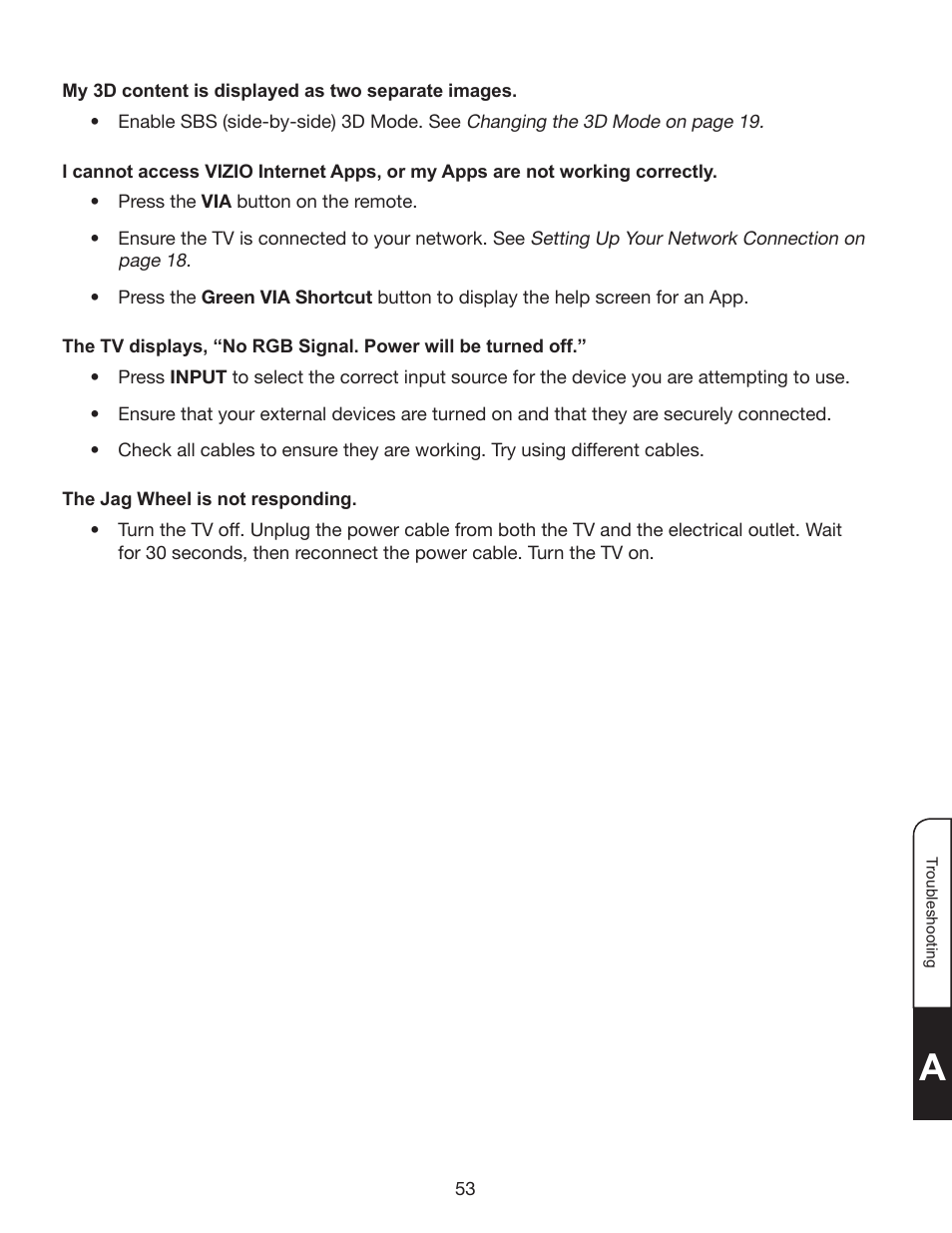 My 3d content is displayed as two separate images, The jag wheel is not responding | Whirlpool XVT3D424SV User Manual | Page 65 / 74