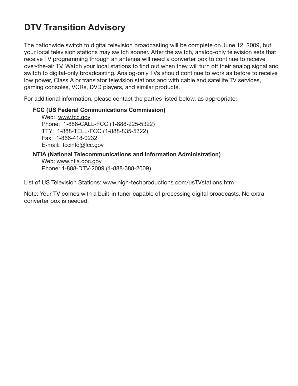 Dtv transition advisory | Whirlpool XVT3D424SV User Manual | Page 8 / 74