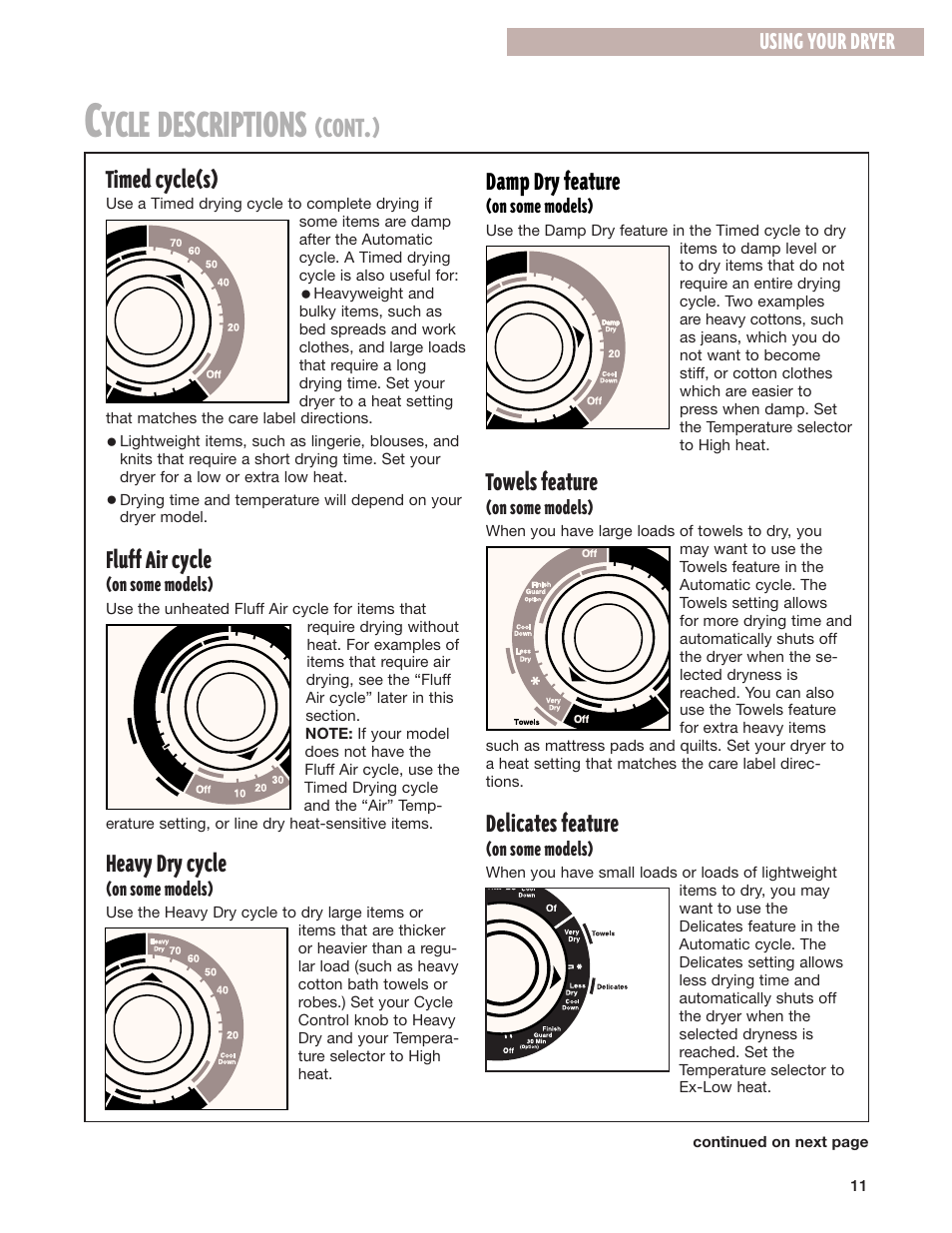 Ycle descriptions, Cont, Timed cycle(s) | Fluff air cycle, Heavy dry cycle, Damp dry feature, Towels feature, Delicates feature, Using your dryer | Whirlpool 8280525 User Manual | Page 11 / 24