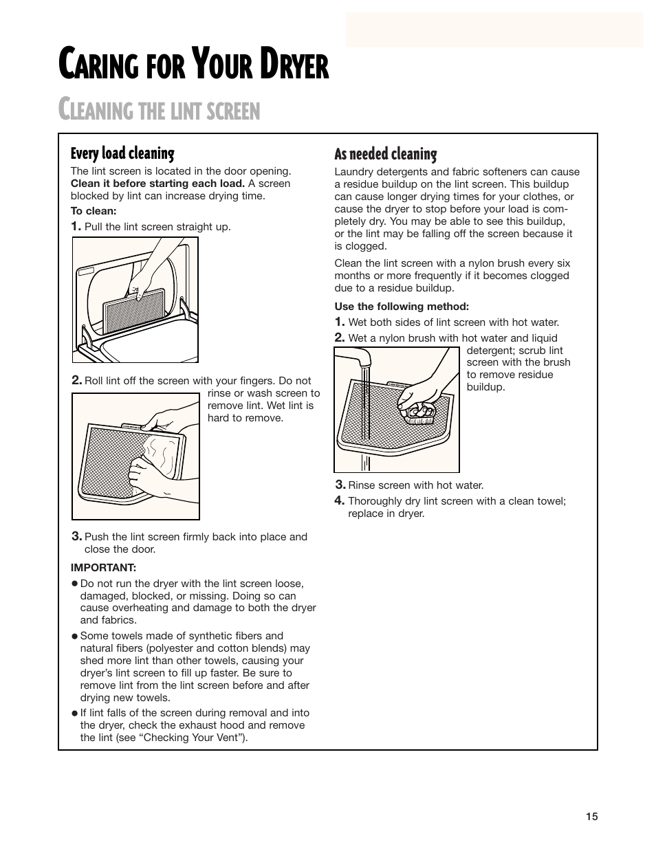 Caring for your dryer, Aring for, Ryer | Leaning the lint screen | Whirlpool 8280525 User Manual | Page 15 / 24