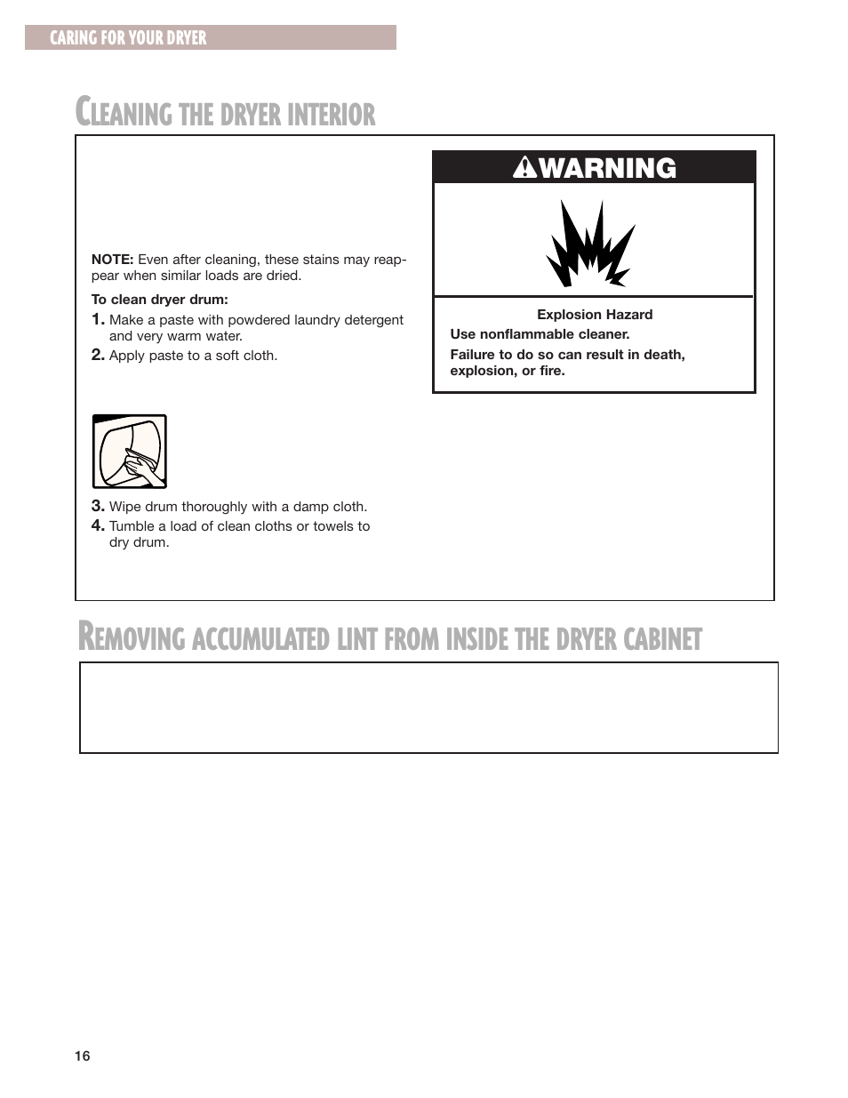 Leaning the dryer interior, Wwarning, Caring for your dryer | Whirlpool 8280525 User Manual | Page 16 / 24