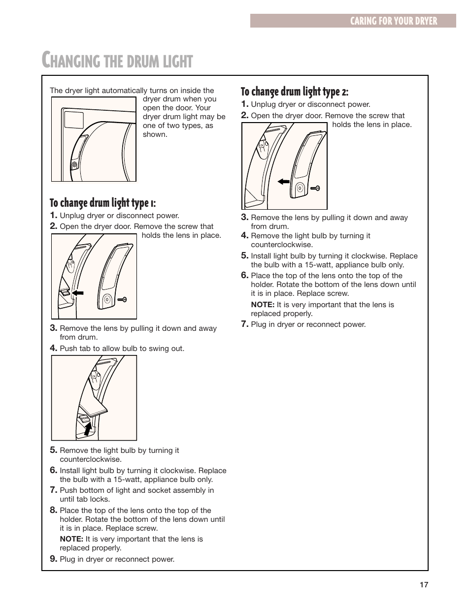 Hanging the drum light, Caring for your dryer | Whirlpool 8280525 User Manual | Page 17 / 24