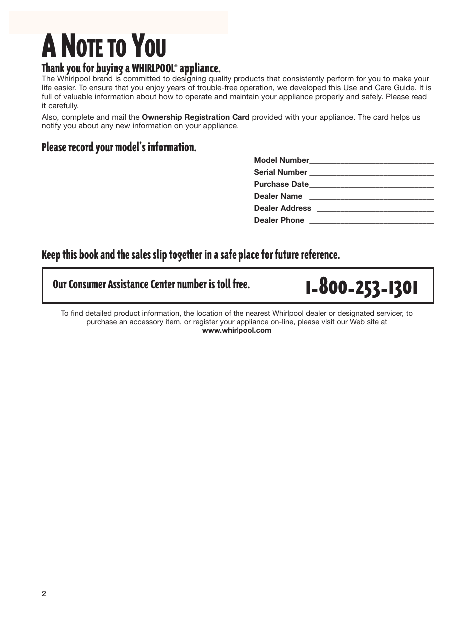 A note to you, Ote to | Whirlpool 8280525 User Manual | Page 2 / 24