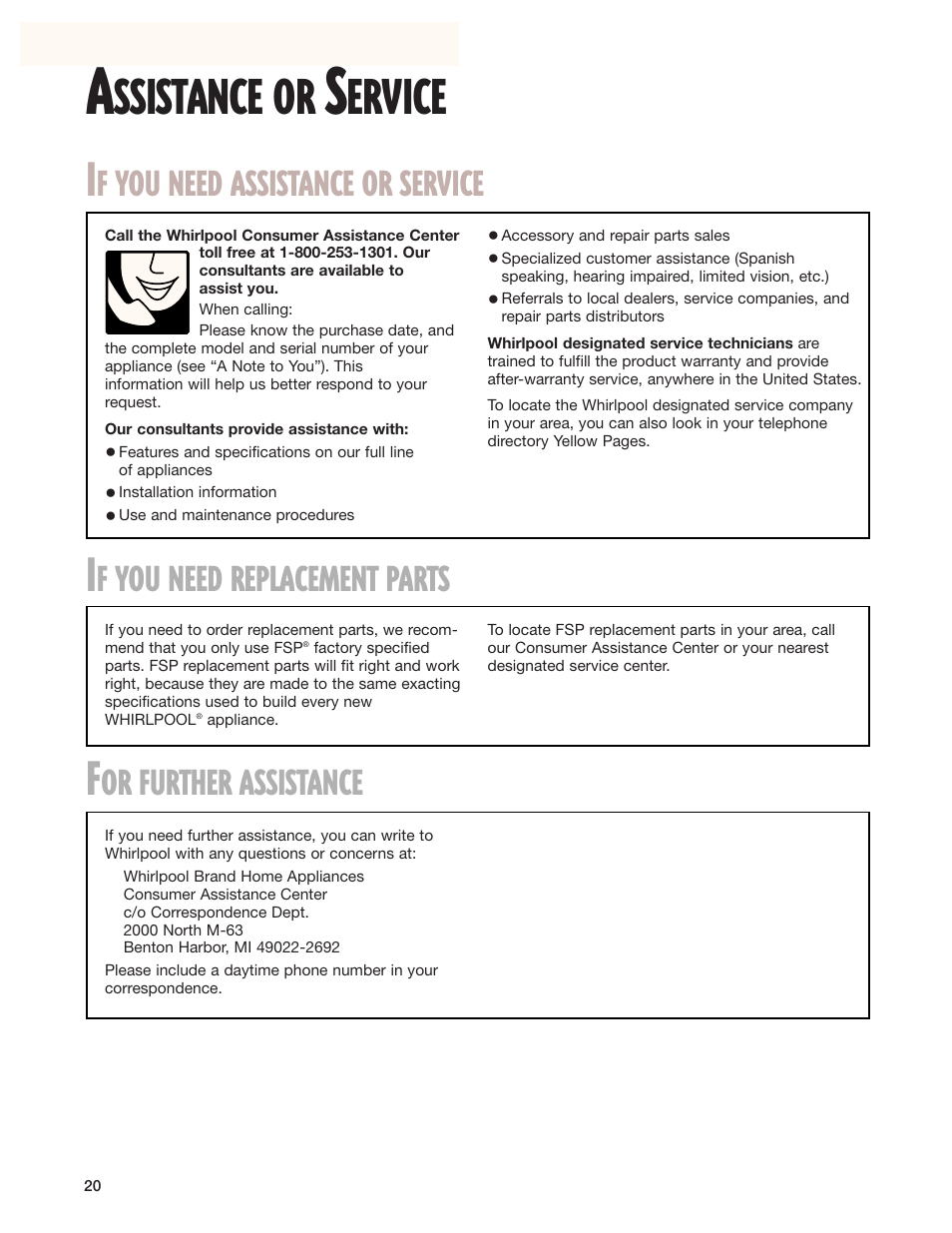 Assistance or service, Ssistance or, Ervice | F you need assistance or service, F you need replacement parts, Or further assistance | Whirlpool 8280525 User Manual | Page 20 / 24