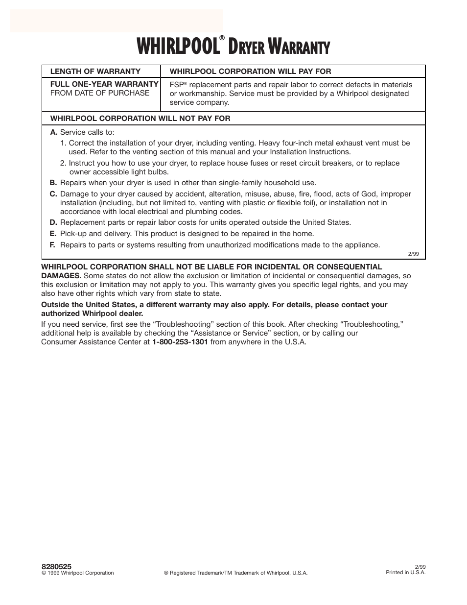 Warranty, Whirlpool, Ryer | Arranty | Whirlpool 8280525 User Manual | Page 24 / 24