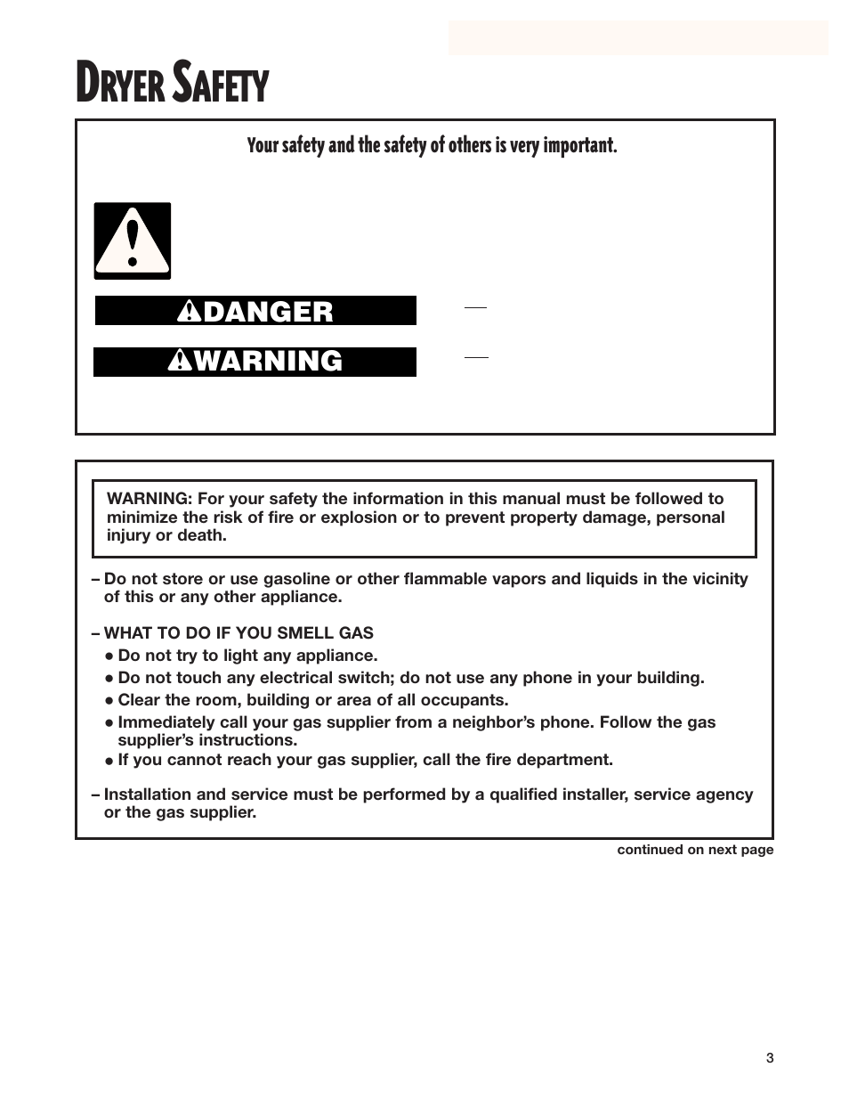 Dryer safety, Ryer, Afety | Wdanger w warning | Whirlpool 8280525 User Manual | Page 3 / 24