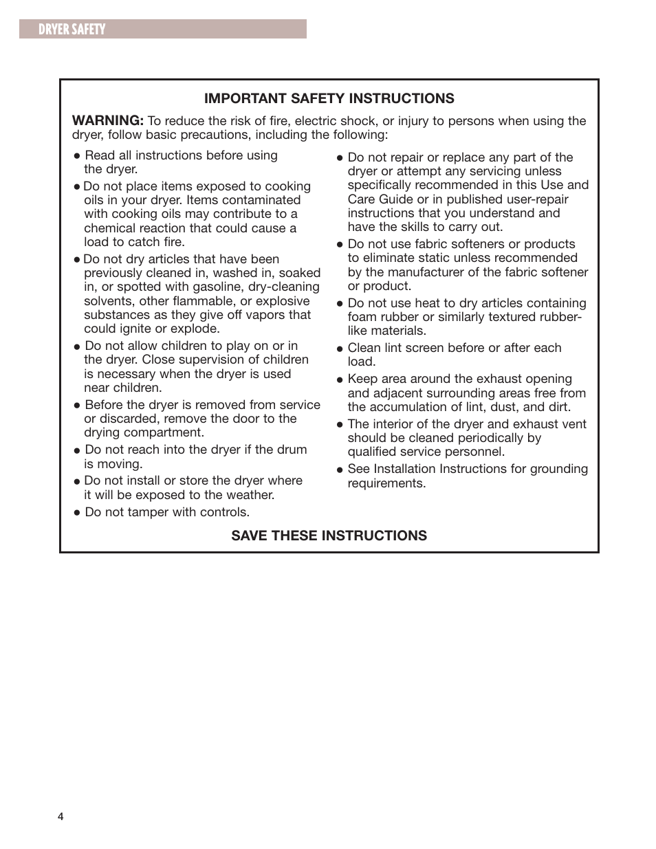 Dryer safety | Whirlpool 8280525 User Manual | Page 4 / 24