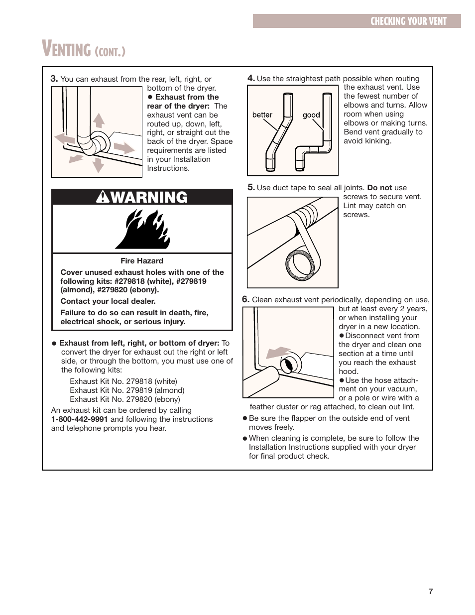 Enting, Wwarning, Cont | Checking your vent | Whirlpool 8280525 User Manual | Page 7 / 24