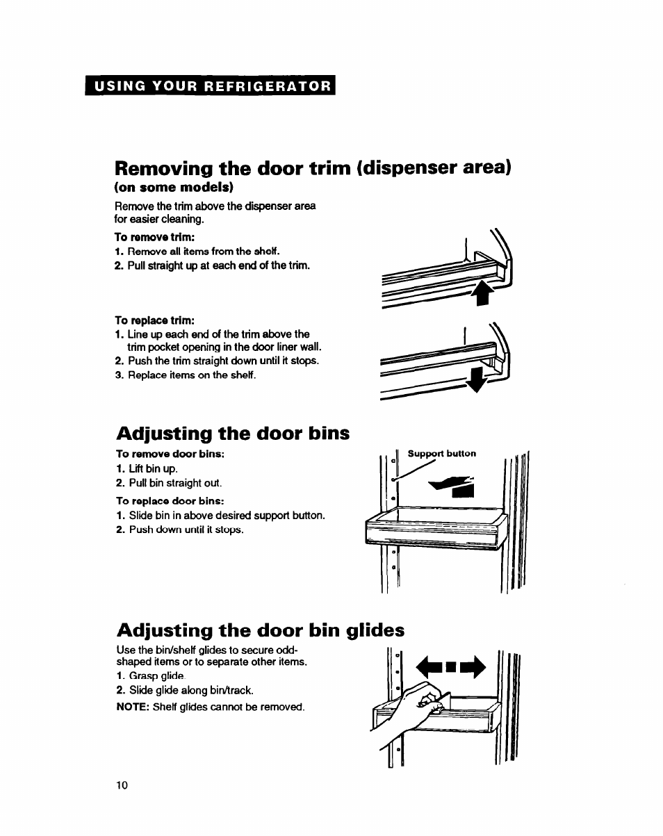 Removing the door trim (dispenser area), Adjusting the door bins, Adjusting the door bin glides | Adjusting the door bln glides | Whirlpool EDZZDQ User Manual | Page 10 / 30