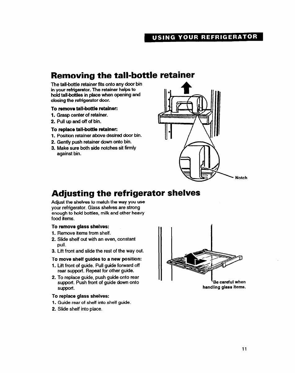 Removing the tail-bottle retainer, Adjusting the refrigerator shelves | Whirlpool EDZZDQ User Manual | Page 11 / 30