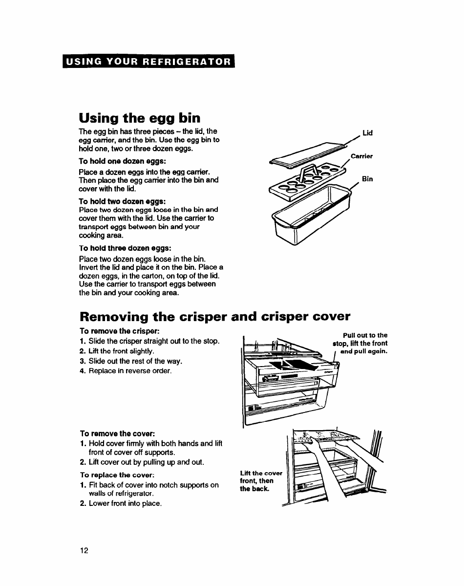 Using the egg bin, Removing the crisper and crisper cover | Whirlpool EDZZDQ User Manual | Page 12 / 30