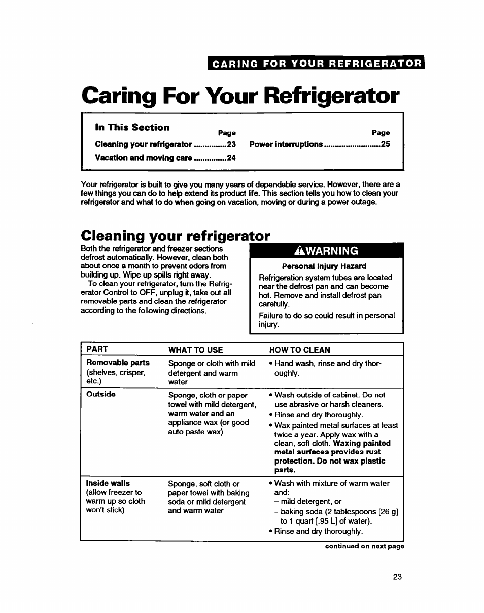 Caring for your refrigerator, Cleaning your refrigerator | Whirlpool EDZZDQ User Manual | Page 23 / 30