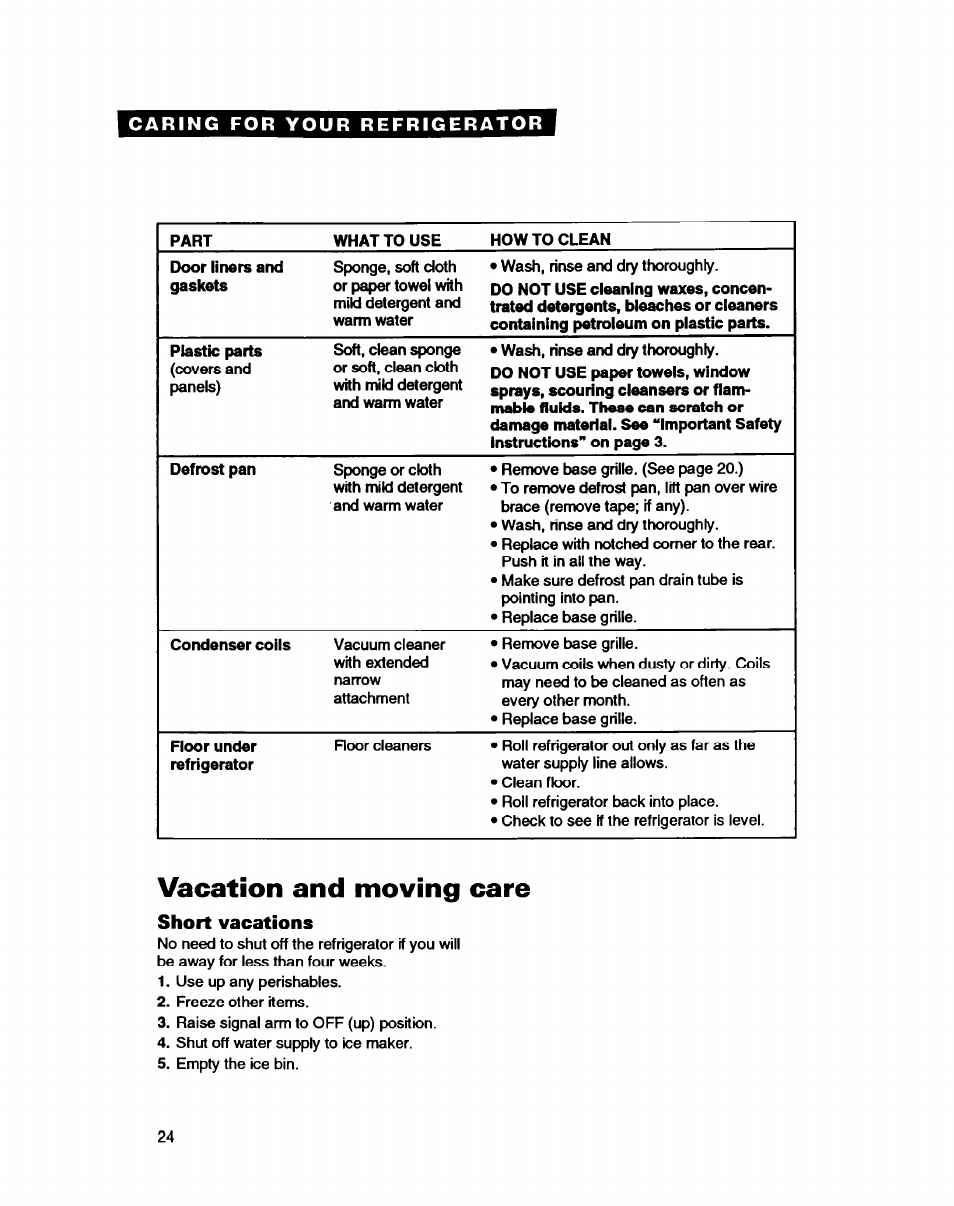 Vacation and moving care, Short vacations | Whirlpool EDZZDQ User Manual | Page 24 / 30