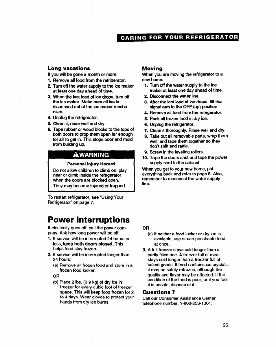 Long vacations, Moving, Power interruptions | Questions 7, Warning | Whirlpool EDZZDQ User Manual | Page 25 / 30