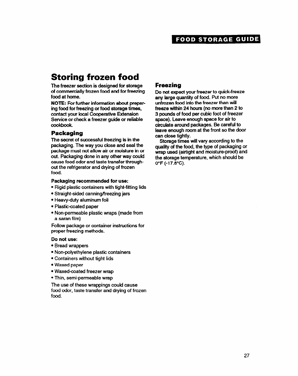 Storing frozen food, Packaging, Freezing | Whirlpool EDZZDQ User Manual | Page 27 / 30