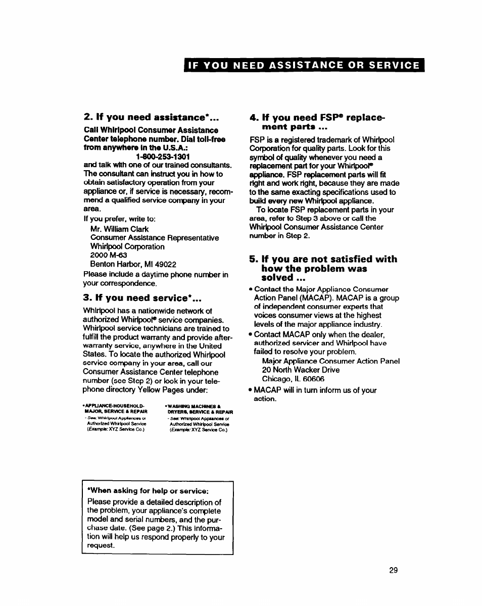 If you need assistance, If you need service, If you need fsp” replacement parts | If you need fsp” replace­ ment parts | Whirlpool EDZZDQ User Manual | Page 29 / 30